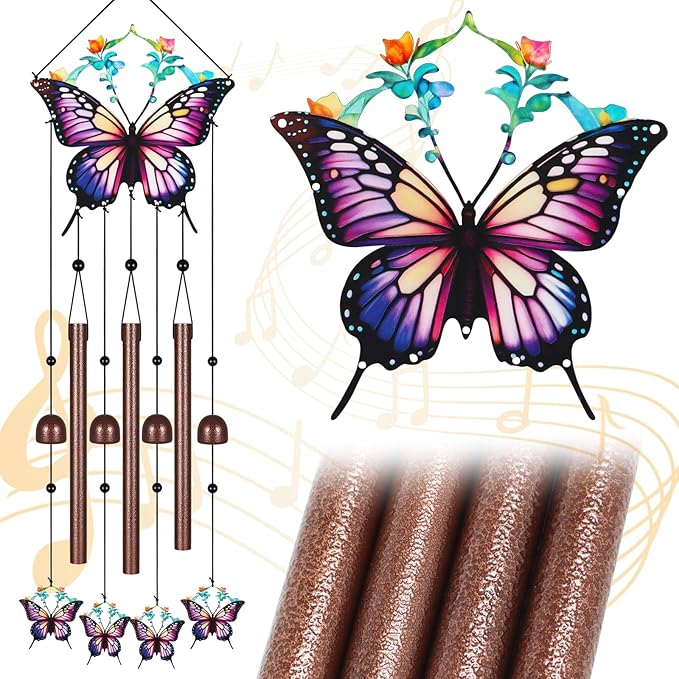 Butterfly Wind Chimes for Outside,Metal Windchimes with S Hook with Playful Design Wind Chime Garden Decor Outdoor Ideal Memorial/Housewarming/Birthday/Festival Gifts Front Yard Decor