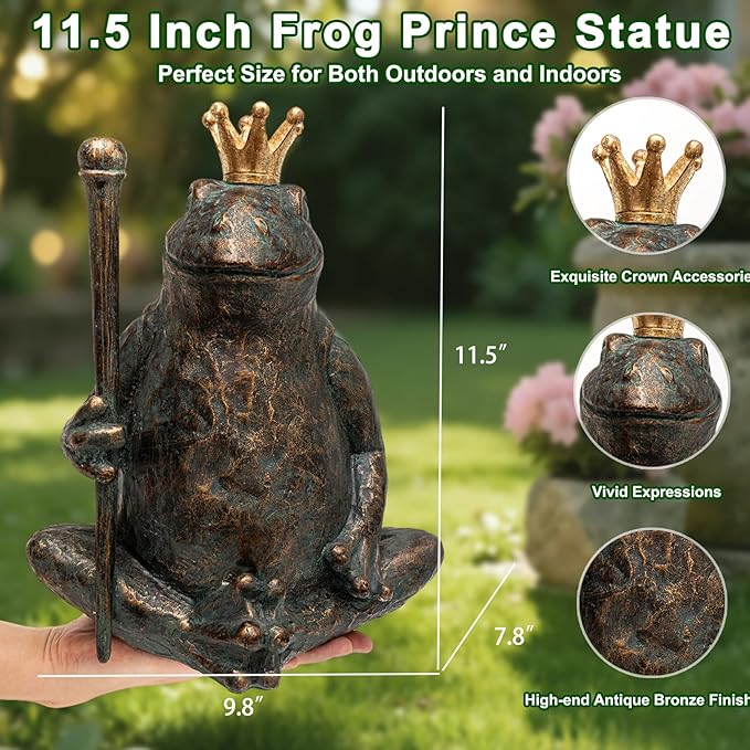Frog Garden Statue,11.5" H×9.8" L Animal Figurines Garden Decor, Weather-Resistant Outdoor & Indoor Sculptures & Statues for Home,Patio,Yard and Entryway-Seated Frog with Scepter