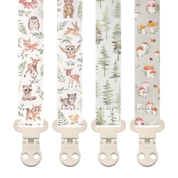 Stadela Baby Fabric Pacifier Clip Holder, Plastic Clip, 4‑Pack, Woodland Pattern, Cedar Set
