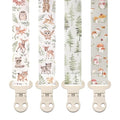 Stadela Baby Fabric Pacifier Clip Holder, Plastic Clip, 4‑Pack, Woodland Pattern, Cedar Set