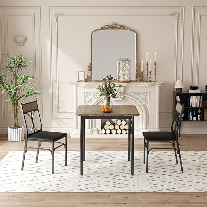 VECELO 3 Piece Dining Table Set for 2, Kitchen Table Set with 2 Chairs for Small Space, Space-Saving and Modern Design, Apartment, Easy to Assemble,Classic Brown
