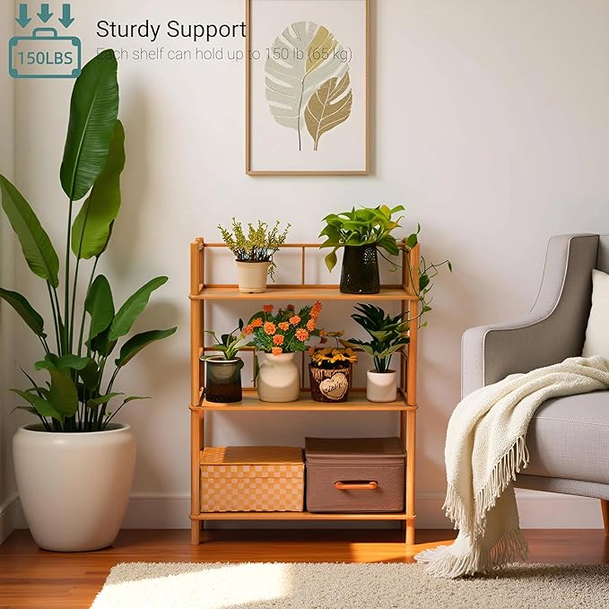 GOGOGO Bamboo Bookshelf -Tool-Free Assembly, Modular, Eco-Friendly Wooden Bookcase, Height Extendable(Natural, 11.8" H(3 Tier))