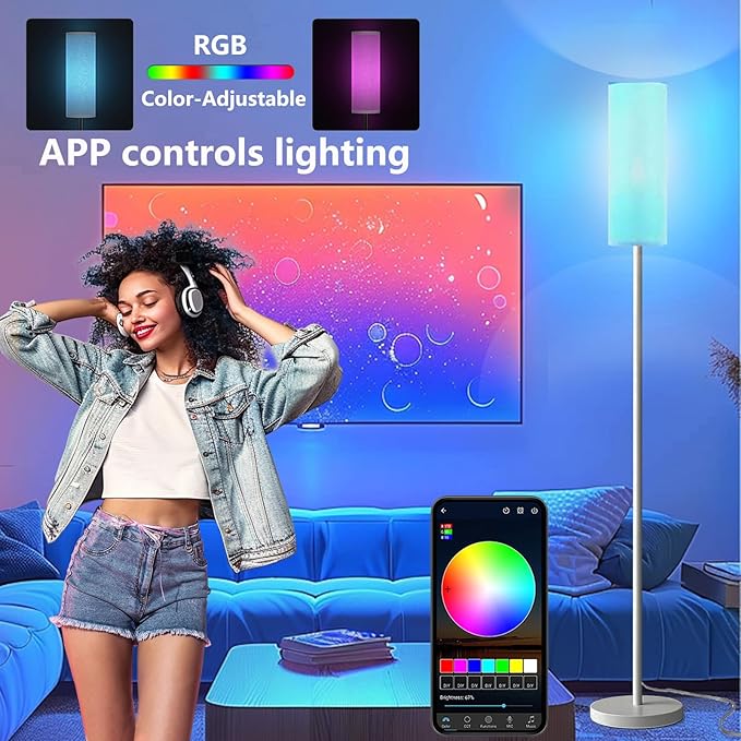 Qaubauyt Smart LED Floor Lamp with APP Control & RGB Colors - Dimmable Standing Lamp for Living Room, Bedroom, Gaming - Remote, Timer, 9W Bulb Included, 67" Modern Tall Lamp (White)
