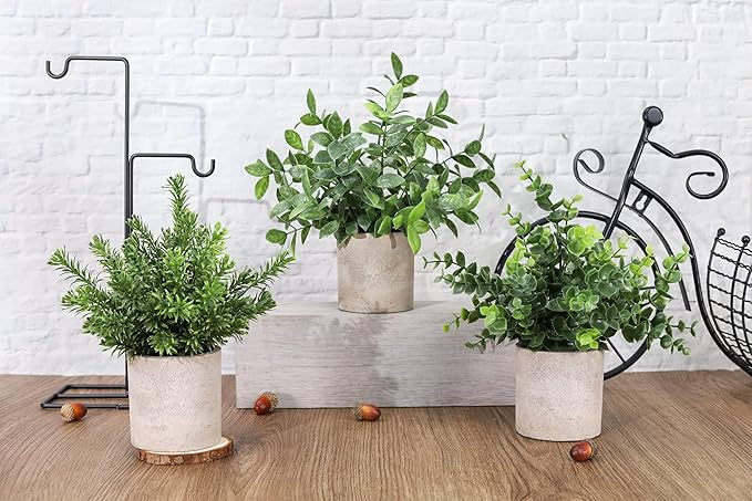 Der Rose 3 Pack Mini Potted Fake Plants Artificial Plastic Eucalyptus Plants Centerpieces for Table Home Office Desk Accessories Farmhouse Room Classroom Decor