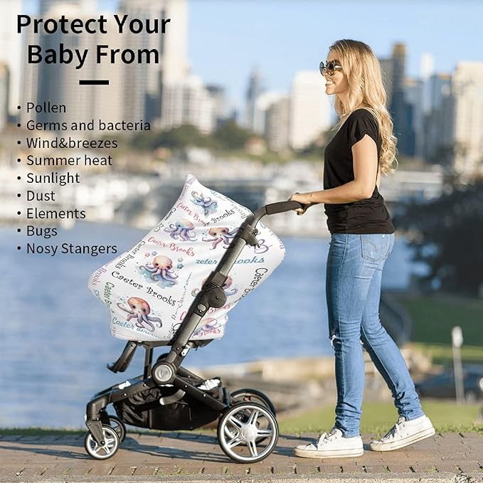 Personalized Baby Car Seat Cover with Name Stroller Canopy Custom Octopus Carseat Cover Newborn Baby Boy Girl Nursing Cover for Moms First Birthday Gift