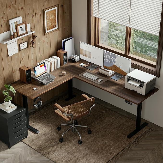 Agilestic L-Shaped Standing Desk Adjustable Height, Electric Corner Standing Desk, Sit Stand Up Desk, 75x61 inch Sit Stand Computer Table, Dark Walnut