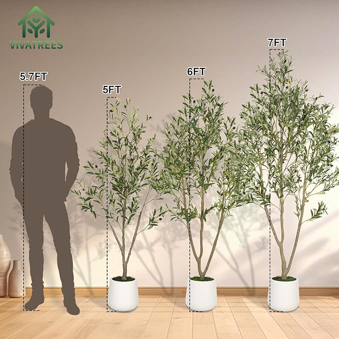 Olive Trees Artificial Indoor, 6FT Tall Faux Olive Tree with White Tall Planter, Artificial Plants with Natural Wood Trunk and Lifelike Fruits for Home Office Decor