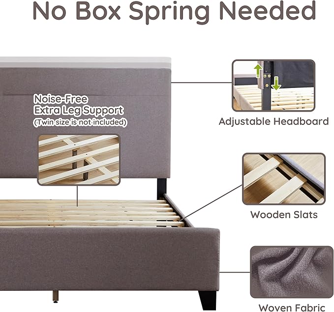 Livinia Amelia Full Size Platform Bed, Fabric Upholstered Full Bed Frame with Height Adjustable Headboard Footboard, Strong Wood Slats, No Box Spring Needed, Brown