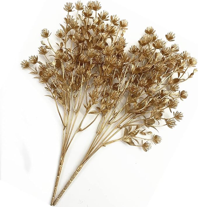 CATTREE Artificial Gold Plants for Christmas, Golden Leaves Plastic Faux Gypsophila Fake Simulation Baby Breath Flowers for Home Indoor Outdoor Wedding Decoration Hall Table Planter Filler 4 Pack