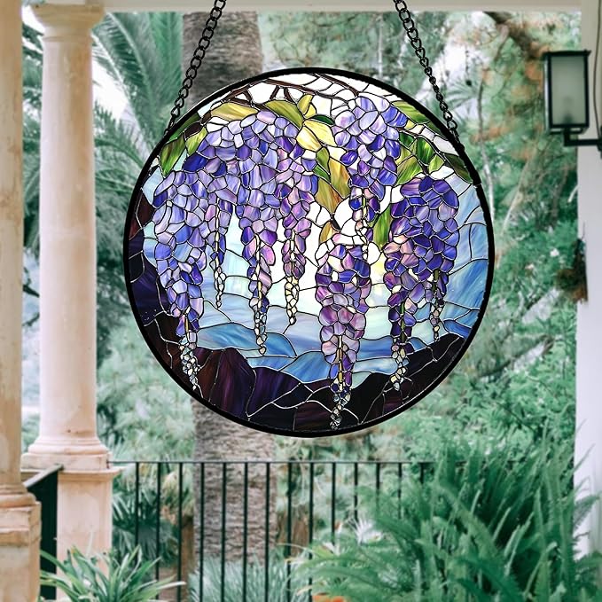 Stained Glass Window Hanging, Purple Wisteria Flowers Suncatcher for Doors Window Home Plant Sun Catchers Decoration Mother's Day Birthday Gifts for Women, Men, and Mom 6.3x6.3 in