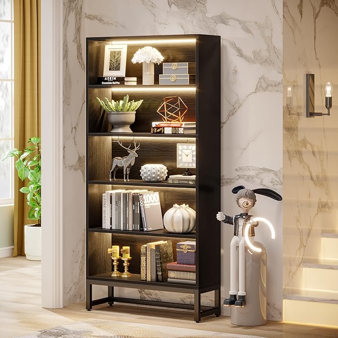 Tribesigns Tall Bookcase Black Bookshelf, 70.8” Large Bookcases Organizer with LED Lights, Heavy Duty Free-Standing Library Bookshelf with 5-Tier Storage Shelves for Living Room, Bedroom (Black)