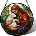 Stained Glass Window Hanging, Jesus Little Lamb Sun Catchers Colorful Glass Panel Christianity Suncatcher Decor for Birthday for Women, Men, Wife, Aunt, and Mom 14.9x14.9 in