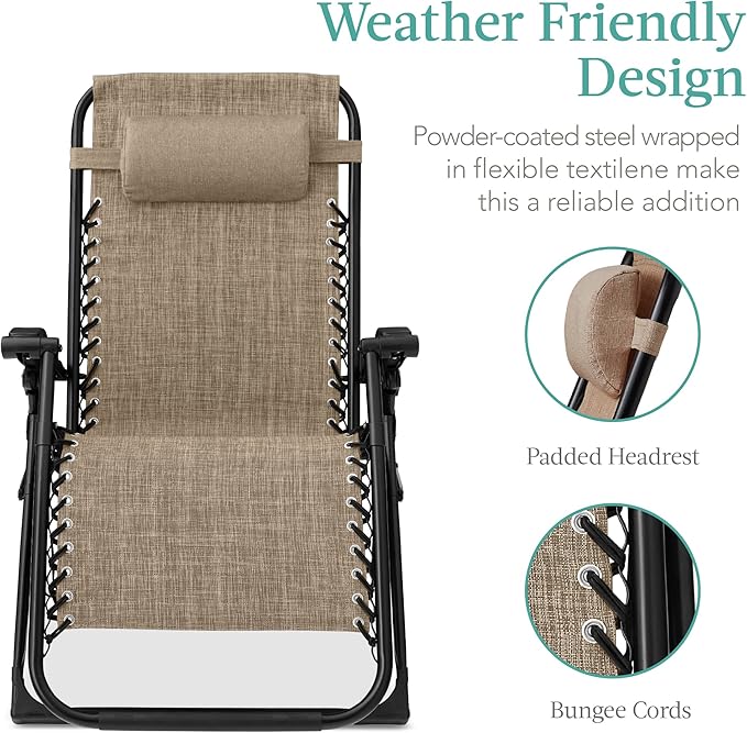 Best Choice Products Oversized Zero Gravity Chair, Folding Outdoor Patio Recliner, XL Anti Gravity Lounger w/Removable Cushion, Cup Holder, Side Tray, 350lb Capacity - Wheat