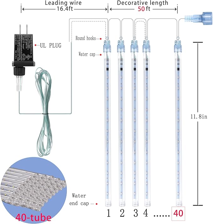 Purtuemy Blue Christmas Icicle Lights Outdoor: 40 Tube(Equivalent to 5 Sets of 8-Tubes) Meteor Shower Rain Lights - Waterproof Christmas Halloween Decorations for Yard Outside Tree Roof, UL Plug