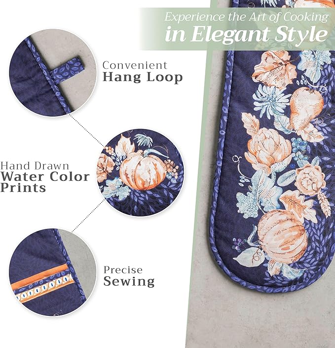 Maison d' Hermine Double Oven Mitt (7" x 35") 100% Cotton Heat Resistant BBQ Cooking Gloves with Loop for Thanksgiving Christmas Decorations Baking Cooking Barbeque Handling Hot Pan (Pumpkin Blues)