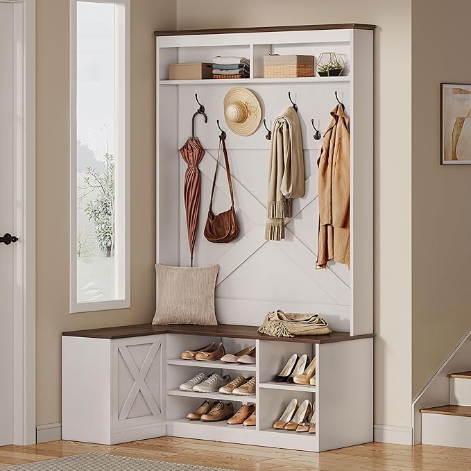YITAHOME L-Shaped Hall Tree with Bench & Storage, Corner Entryway Organizer with 5 Shoe Shelves, Hidden Seat Compartment, Hooks & Open Top Storage for Living Room & Hallway, Walnut & Off-White