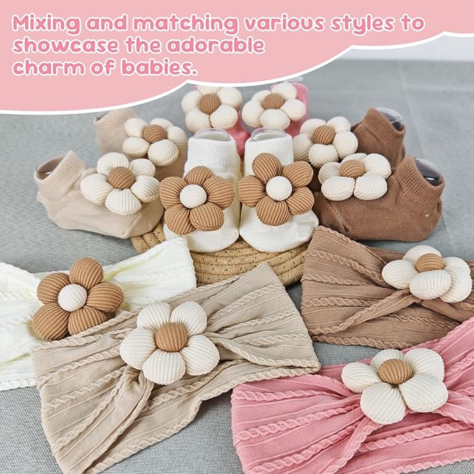 Nirvany Baby Girl Headbands and Socks Set, Non-Slip Socks with Flower Hairbands, Comfortable Newborn Infant Toddler Accessories (Pink/Cream Yellow, 6-12 months)