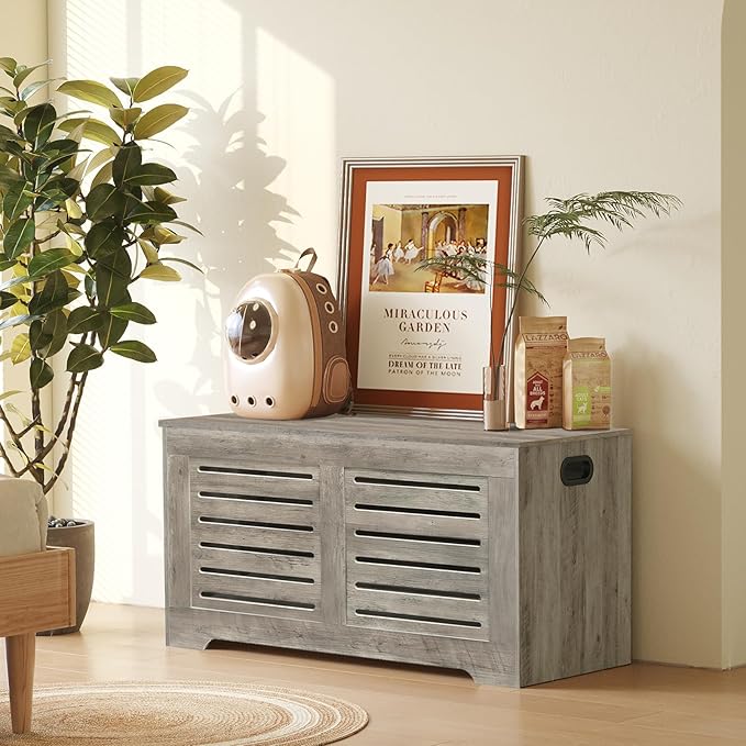 DINZI LVJ Storage Chest, Flip-Top Wooden Toy Box with 2 Safety Hinges, Retro Entryway Shoe Bench, Sturdy Large Storage Trunk for Living Room, Bedroom, Toddler Room, Easy Assembly, Grey Wash