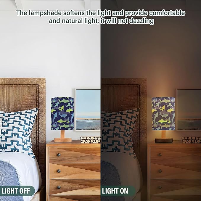 Table Lamp Shark Underwater Pattern Nightstand Lamp with Wood Base Fabric Lamp Shade Bedside Desk Lamp for Living Room Bedroom Kids Room Office