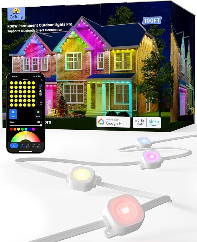 Gefolly Permanent Outdoor Lights Pro, 100ft with 60 RGBW Double-LED Lights 111 Scene Modes for Daily, Halloween, Christmas, IP67 Waterproof for Outdoor Decor, Works with Alexa, Google Assistant, White