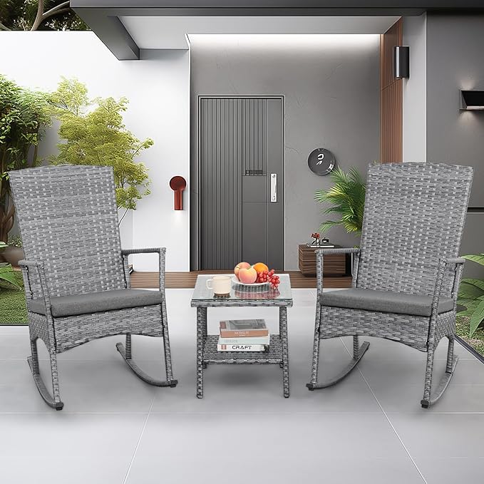 Outdoor Rocking Chair 3 Pieces High-Backed Rocking Chair Patio Rocking Chairs Outdoor Table and Chairs Anti-Slip Cushions Dark Grey