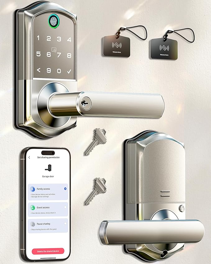 Veise VE019 Fingerprint Smart Lever Lock - APP Control, Keypad Door Lock with Handle, Keyless Entry for Front Door and Bedroom, Electronic Digital Knob, Remote Grant, IP55 Weatherproof, Satin Nickel