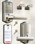 Veise VE019 Fingerprint Smart Lever Lock - APP Control, Keypad Door Lock with Handle, Keyless Entry for Front Door and Bedroom, Electronic Digital Knob, Remote Grant, IP55 Weatherproof, Satin Nickel