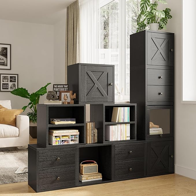 FUSUNBAO Magic DIY Cube Storage Organizer Stackable Cubes for Home Books Clothes Toy-Modular Cubby Storage System-Office Cubical-Bookcase Closet (Black, Door Cube)