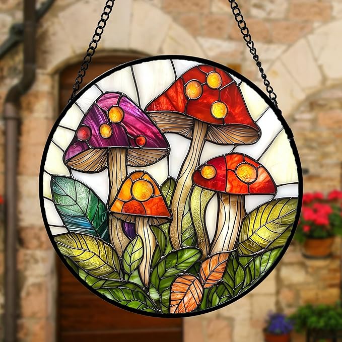 Stained Glass Window Hanging, Mushroom Leaves Suncatcher for Doors Home Sun Catchers Decoration and Christmas, Mother's Day Birthday Gifts for Women, Men, and Mom 7.8 in