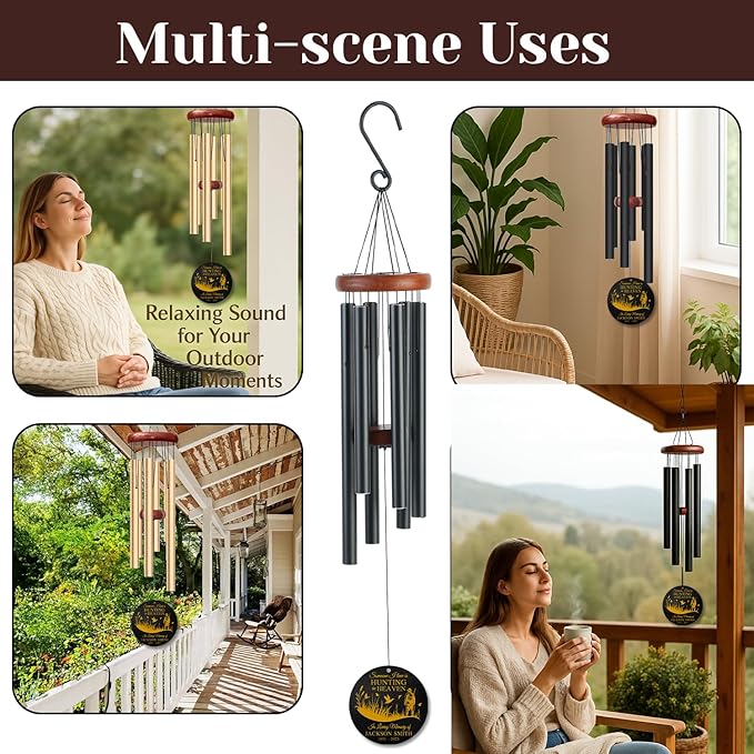Personalized Hunting Memorial Wind Chime – “Someone I Love is Hunting in Heaven” Custom Name – Sympathy Gift for Hunters – Remembrance Windchime for Loss of Loved One – Golden Engraved Keepsake