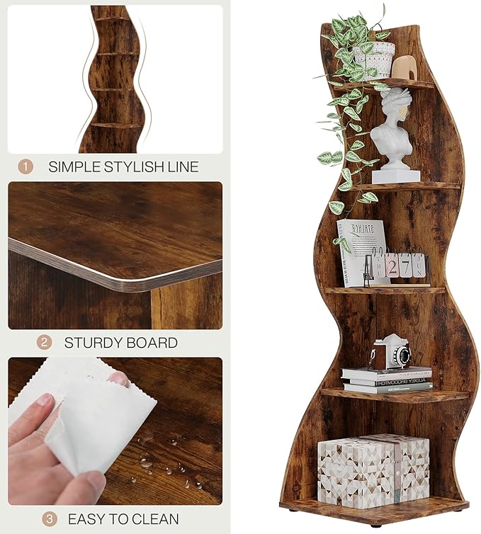 Tribesigns Corner Shelf, Rustic 5-Tier Wall Corner Bookshelf, Stylish Corner Small Bookcase Storage Rack Plant Stand with Unique Shape for Living Room, Home Office (2PCS, Brown)