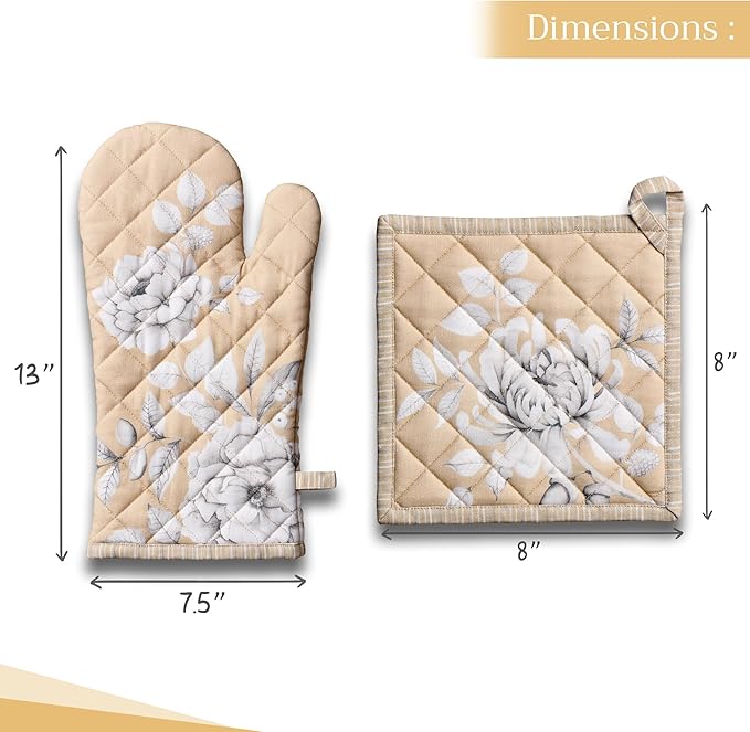 Maison d' Hermine 100% Cotton Oven Mitt & Pot Holder Set (7.5"x13" & 8"x8") Heat Resistant BBQ Cooking Gloves with Loop for Thanksgiving Christmas Decorations Handling Hot Pans (Pretty Autumn)