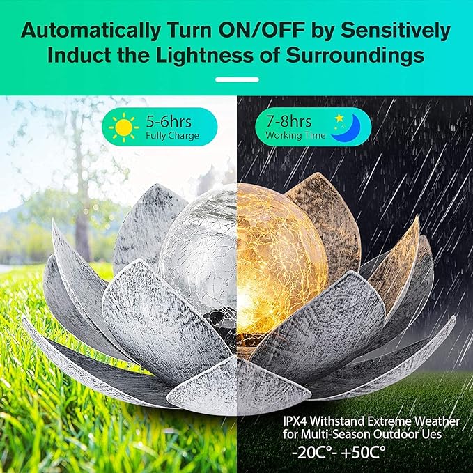 Huaxu Solar Lights Outdoor Garden, Crackle Globe Glass Lotus Decor, Waterproof LED Metal Flower Decorations for Patio,Lawn,Walkway,Tabletop,Ground