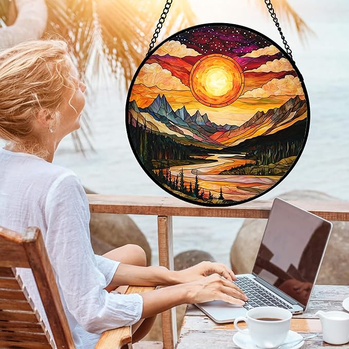 Stained Glass Window Hanging, Dusk Sunset Landscape Sun Catchers Glass Panel Lakes and Mountains Suncatcher Decor for Birthday for Women, Men, Wife, Aunt, and Mom 14.9 in