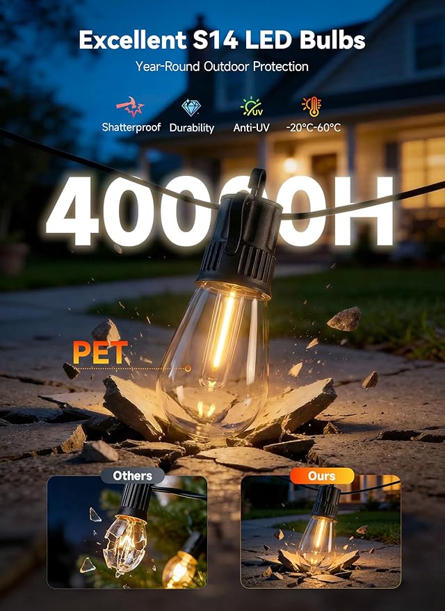 Minetom 101FT Outdoor String LED Patio Lights Waterproof,46 Shatterproof S14 Vintage Edison Bulbs,Commercial Grade Outside Hanging Lights Waterproof for Porch Deck Garden Backyard Balcony Cafe Bistro