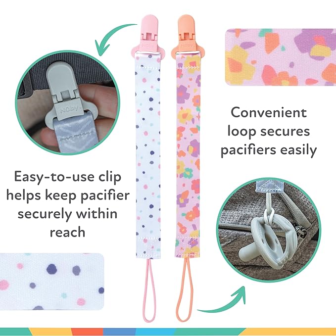 Nuby Pacifinder Baby Pacifier Clip - (2-Pack) - Pacifier Holder Clip with Convenient Hook Loop - Flowers and Polka Dots