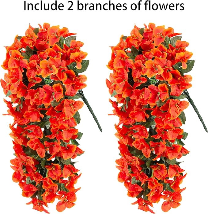 Artificial Bougainvillea Faux Flowers Plants for Outdoors Outside Fall Autumn Decor, 2 PCS Silk Trailing Vines UV Resistant Realistic Orange Fake Flowers for Planter Front Door Porch Patio Balcony