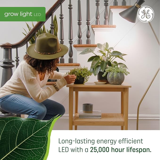 GE Grow Lights for Indoor Plants, A19 LED Light Bulbs for Flowers and Fruit with Advanced Red Light Spectrum, White Indoor Plant Light, 25,000 Hours Lifespan, 15 PPF, 2 Pack (Packaging May Vary)