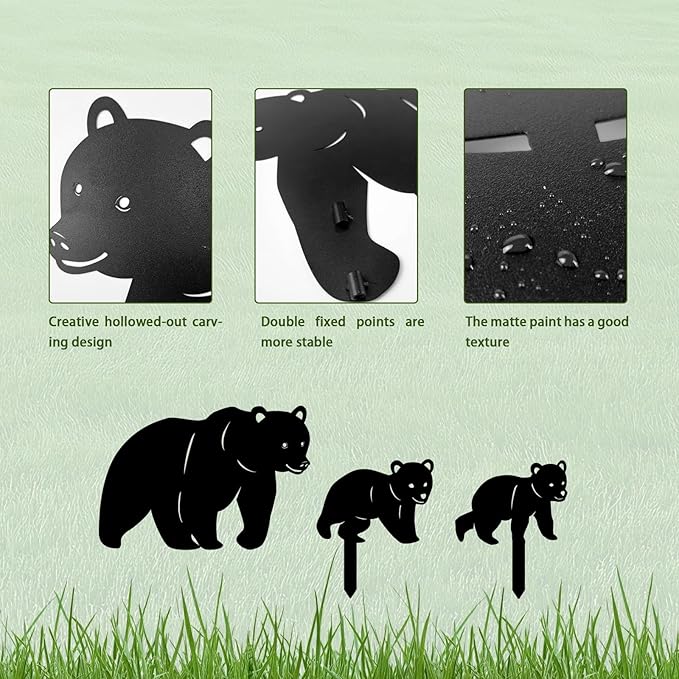 3 Pack Bear Metal Garden Decorative Stakes, Weather Proof Silhouette Statues for Yard, Patio,Outdoor Decor for Bear Lovers and Pet Owners