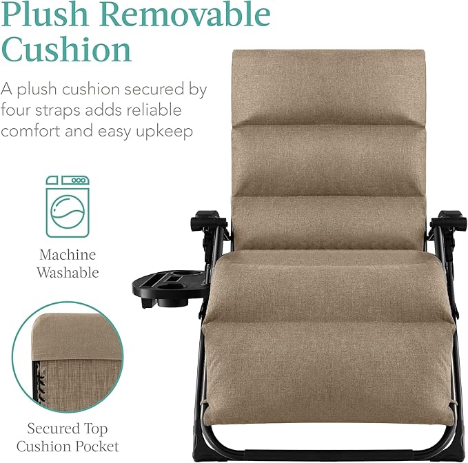Best Choice Products Oversized Zero Gravity Chair, Folding Outdoor Patio Recliner, XL Anti Gravity Lounger w/Removable Cushion, Cup Holder, Side Tray, 350lb Capacity - Wheat