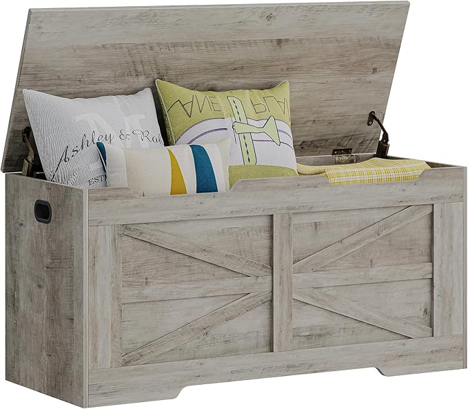 39.4" Storage Chest, Extra Large Storage Trunk with 2 Safety Hinges, Wooden Box Bench, Lift-Top Organizer Chest, Shoe Bench for Entryway, Bedroom, Living Room, Greige SB03405X