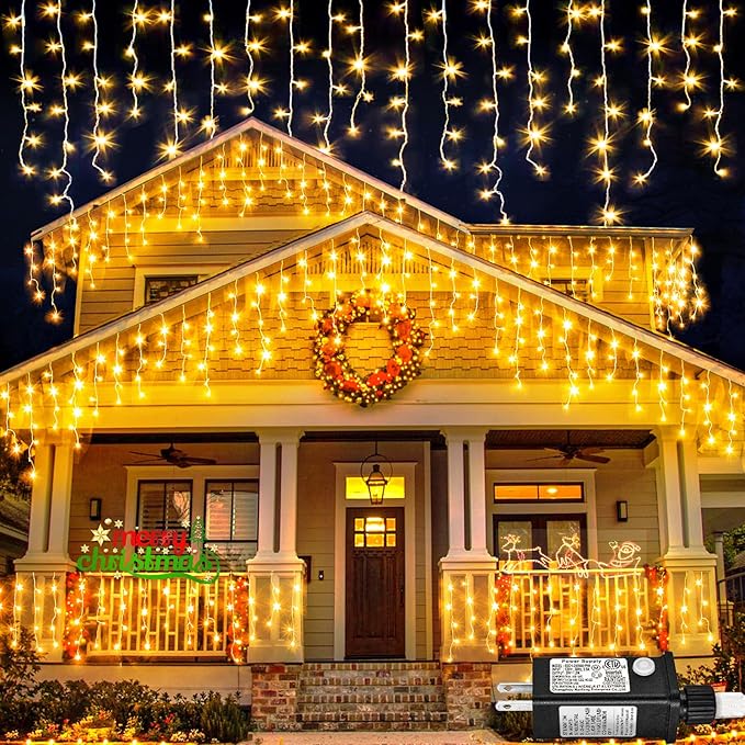 Christmas Lights Outdoor, 33ft 400 LED Warm White Icicle Lights for Outside House, Plug in Connectable Twinkle Tree Light 8 Modes Timer Waterproof for Patio Window Party Indoor Holiday Decorations