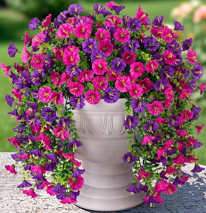2 PCS Artificial Faux Hanging Flowers Plants for Outdoor Decor,Fake Silk Morning Glory with Eucalyptus UV Resistant Realistic Vines for Wall Home Porch Patio Balcony Yard Decor, Purple and Fuchsia