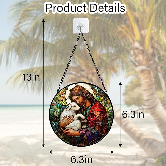 Stained Glass Window Hanging, Jesus Little Lamb Sun Catchers Colorful Glass Panel Christianity Suncatcher Decor for Birthday for Women, Men, Wife, Aunt, and Mom 6.3 in