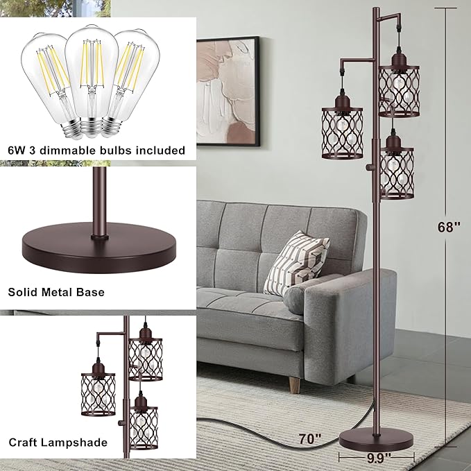 68" Farmhouse Floor lamp, Dimmable Industrial Floor Lamps for Living Room, 3 Light Rustic Standing Tall Lamp Including 3 PCS 6W E26 Bulbs, Tree Floor Lamp for Bedrooms Room, Office, Bar, Brown