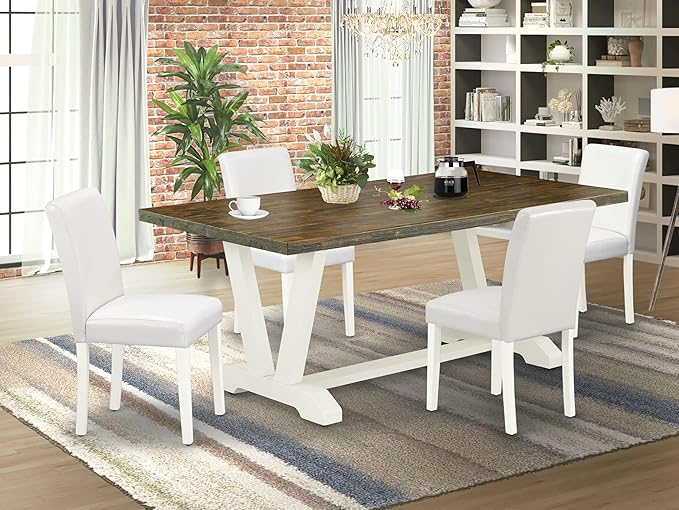 East West Furniture V077AB264-5 5 Piece Dinette Set for 4 Includes a Rectangle Dining Table with V-Legs and 4 White Faux Leather Parson Dining Room Chairs, 40x72 Inch, Multi-Color