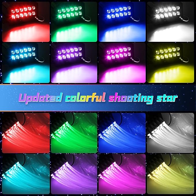 Car Starlight Headliner Kit, 4 Colors 32W Twinkle & Meteor Star Ceiling Lights, 2 in 1 Fiber Optic Light 4 Port Engine 800pcs*0.03in*13.1ft+240 RGBW Shooting Stars Lights for Car Home Roof Décor