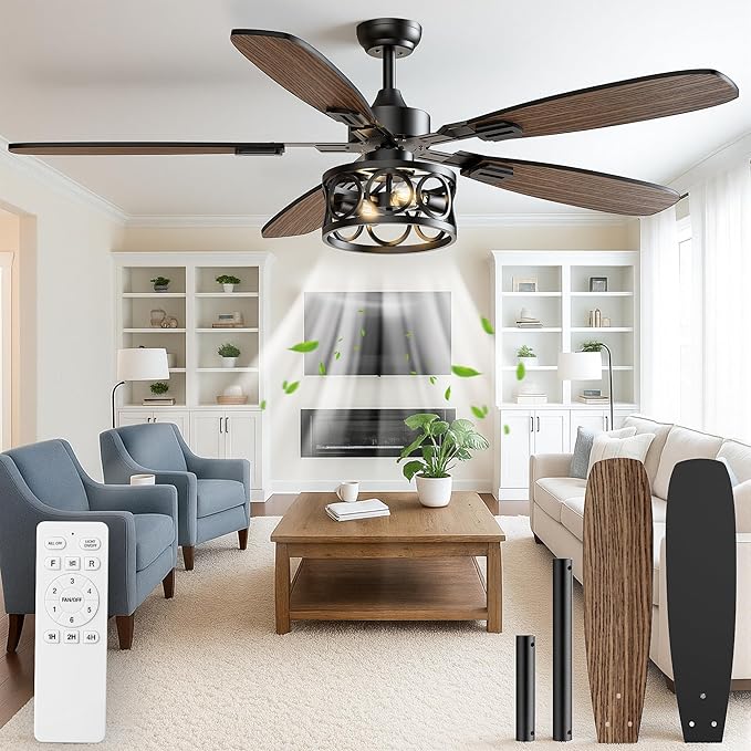 Ceiling Fans with Lights and Remote, 52'' Vintage Caged Ceiling Fan with Light, 5 Blades, 6+1 Speed, Flush Mount Ceiling Fan Whisper-quiet for Farmhouse, Living Room, Kitchen and Porch (52 Inch)