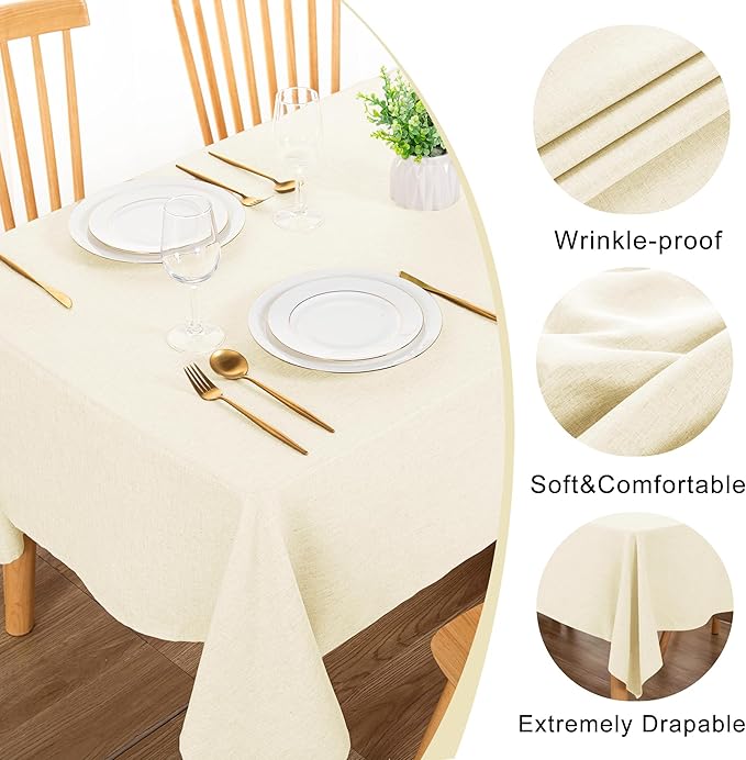 DWCN Rectangle Faux Linen Tablecloth - Textured Waterproof Spill-Proof Wrinkle and Stain Resistant Table Cloth Decorative Fabric Farmhouse Table Cover for Kitchen Dining, 60 x 120 Inch, Champagne