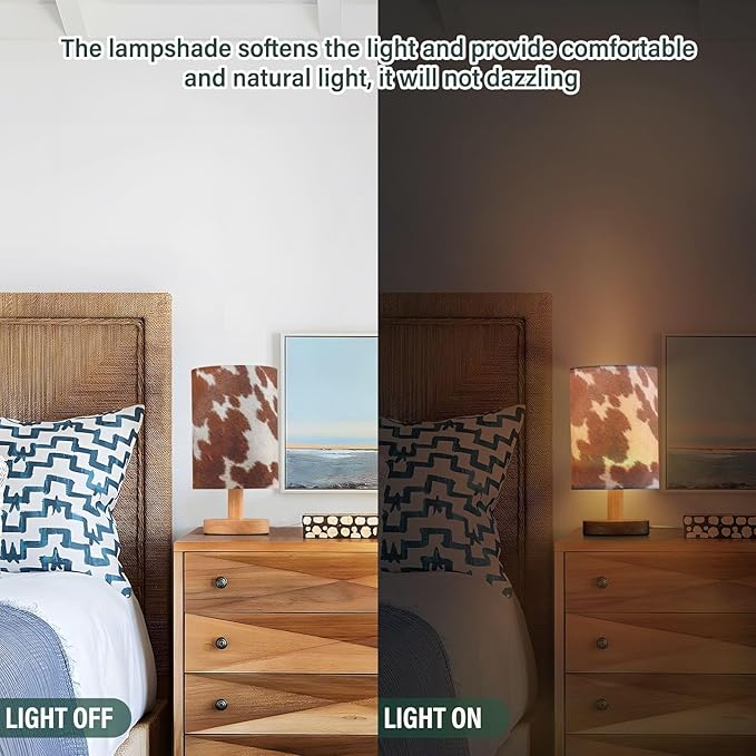 Bedside Table Lamp White Brown Cow Print Nightstand Lamp with Wood Animal Skin Desk Lamps for Bedroom Living Room Nursery Office Home Decor